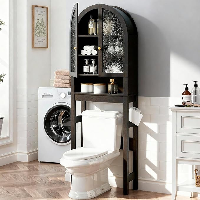 HMstone Over The Toilet Storage Cabinet, Arched Bathroom Organizer and Storage with Acrylic Doors and Adjustable Shelf, Space Saver Freestanding Bathroom Modern Storage Cabinet Over Toilet Dark Brown