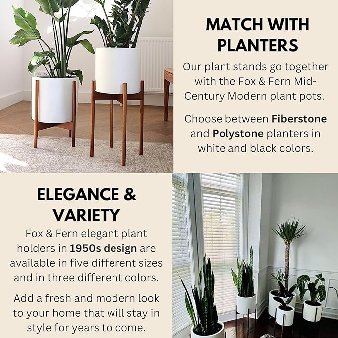 Fox & Fern Mid Century Tall Plant Stand — 10 Inch Fixed Size Raised Wooden Plant Stand for Indoor Planters (Not Included); Modern Flower Pot Holder with Plug In Design; Easy to Assemble - Acacia