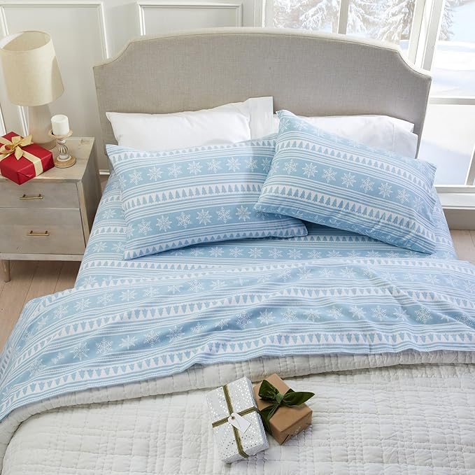 Market & Place 100% Cotton Queen Flannel Sheet Set | 4 Piece Deep Pocket Novelty Cozy Winter Bed Sheets | Double Brushed for Extra Softness & Comfort | Alpine Collection (Queen, Striped Snowflake)