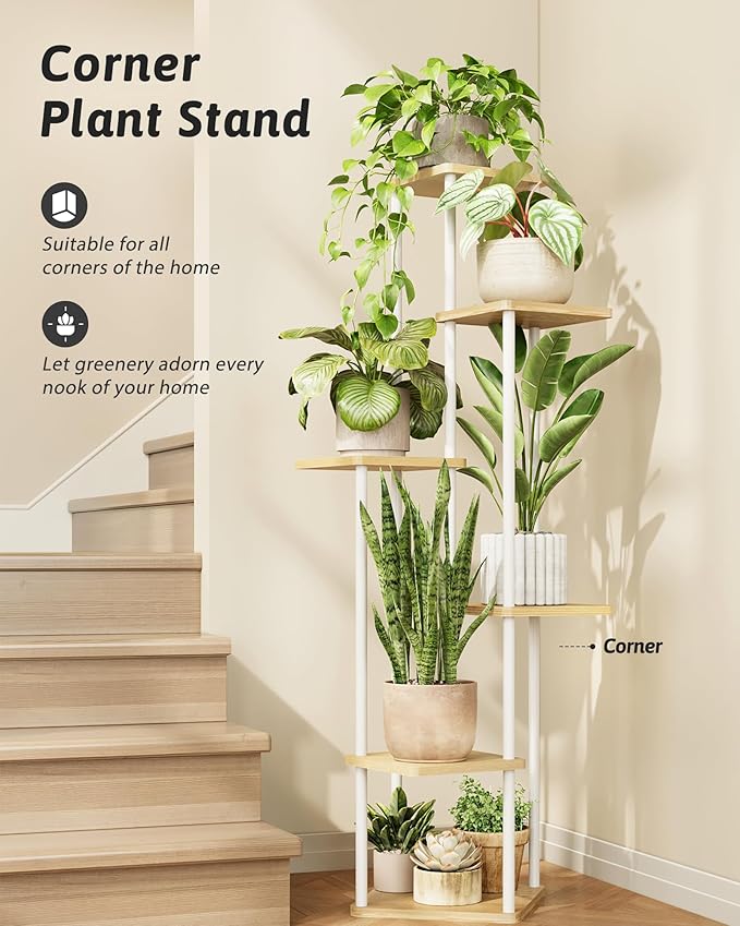GENTINGBRO Tall Plant Stand Indoor 6 Tiered Plant Shelf for Multiple Plants Coner Shelf Stand Wood Plant Stand Metal Shelving for Living Room Bedroom Balcony Patio White