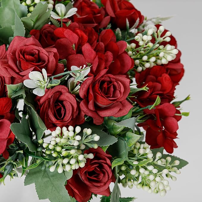 Artificial Flower 5 Branches Artificial Silk Fake Flowers Bouquet Small Roses for Wedding Home Office Tables Decor 4 Packs(Red)