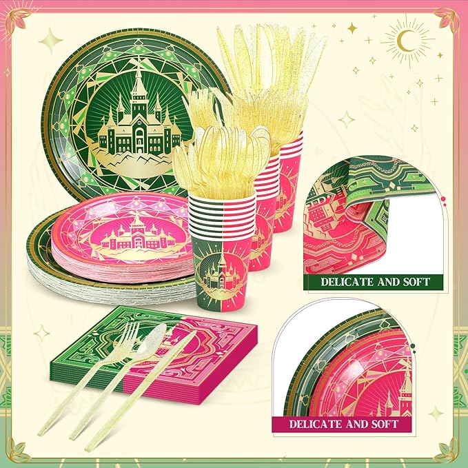 Roshtia 25 Set Witch Party Supplies Pink and Green Paper Plates Napkins Tablewares Disposable Witch Dinnerware for Girls Women Witchy Birthday Party Decorations Favors