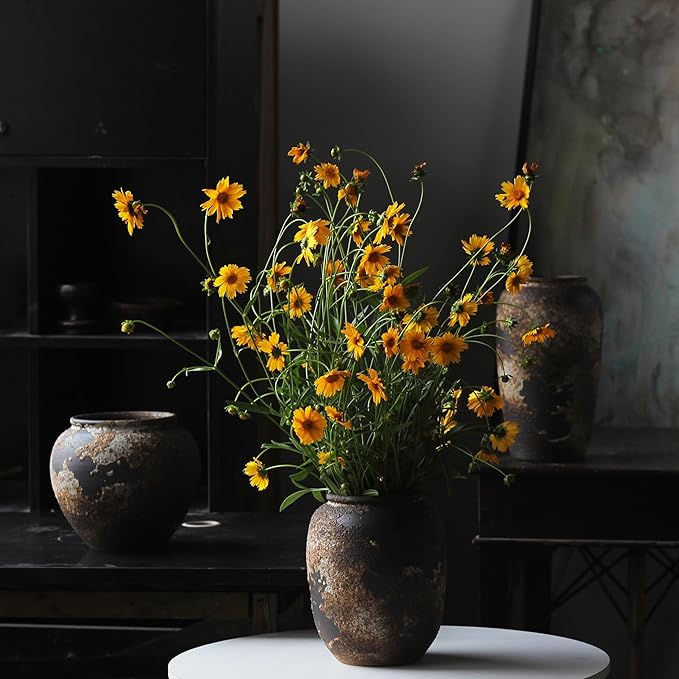 Denique Rustic Vase for Home Decor, Farmhouse Terracotta Vases, Large Ceramic Vase for Living Room Decor, Black Pottery Vase Large Clay Vase, Rustic Farmhouse Tabletop Decor(B-22cm)