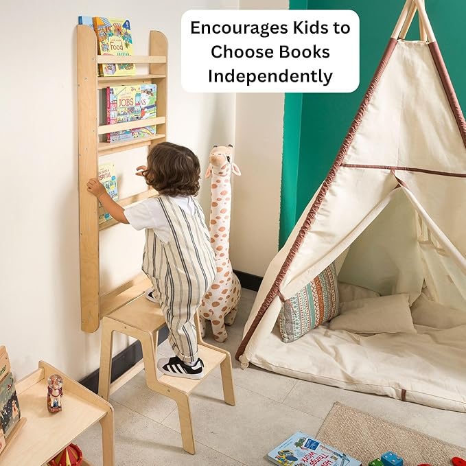 Montessori Wall-Mounted Bookshelf for Toddlers Toy Storage Shelf Organizer for Playroom and Classroom Floor Bookshelves for Kids Room (Natural, L, 4)