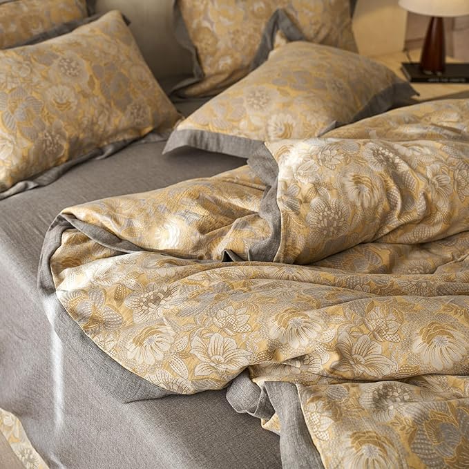 EAVD Vintage Style Yellow Floral Duvet Cover King Soft 100% Muslin Cotton Yarn-Dyed Jacquard Textured Bedding Set with 2 Pillowcases Linen Like Gauze Botanical Duvet Cover with Zipper Closure