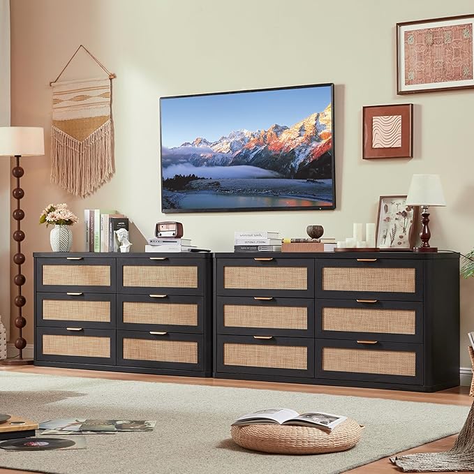 LEYAOYAO Rattan 6 Drawer Dresser for Bedroom Set of 2, Boho 54" Wide Black Dresser Chest of Drawers, Dressers TV Stand with Metal Handle, Storage Dressers Closet Organizer for Living Room, Hallway