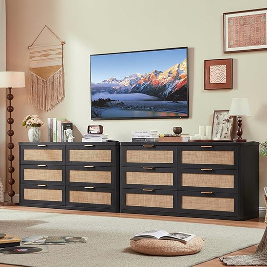 LEYAOYAO Rattan 6 Drawer Dresser for Bedroom Set of 2, Boho 54" Wide Black Dresser Chest of Drawers, Dressers TV Stand with Metal Handle, Storage Dressers Closet Organizer for Living Room, Hallway