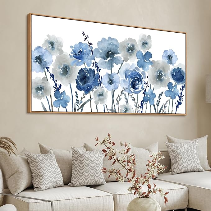 Framed Flowers Canvas Wall Art - Indigo Floral Canvas Pictures Living Room Wall Decor Botanical Canvas Prints Painting Abstract Artwork Bedroom Office Home Decor 29"x 58"