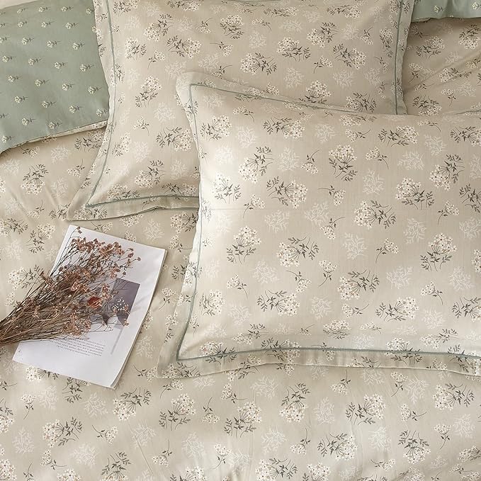 EAVD Boho Floral Duvet Cover King Beige 100% Cotton Chic Shabby Garden Floral Pattern Aesthetic Bedding Set with 2 Pillowcases Reversible Green Floral Botanical Duvet Cover with Zipper Closure