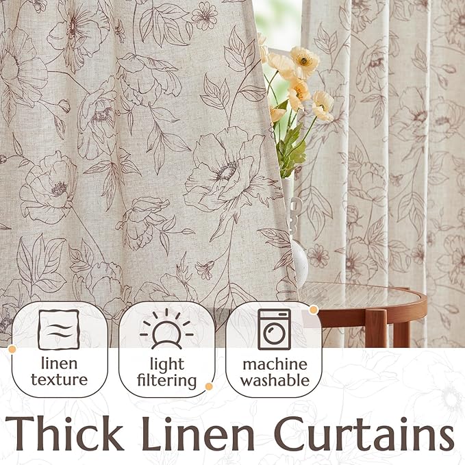 jinchan Floral Linen Curtains for Living Room 63 Inch Length Brown Flower Curtain Rod Pocket Back Tab Farmhouse Curtains with Printed Floral Bedroom Window Curtain Set, 2 Panels Brown