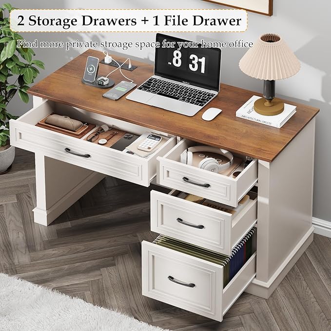 Farmhouse 47" Executive Desk, Computer Desk with Drawers and File Drawer, Workstation Computer Desk with Charging Station for Home Office,Study (Unique White)