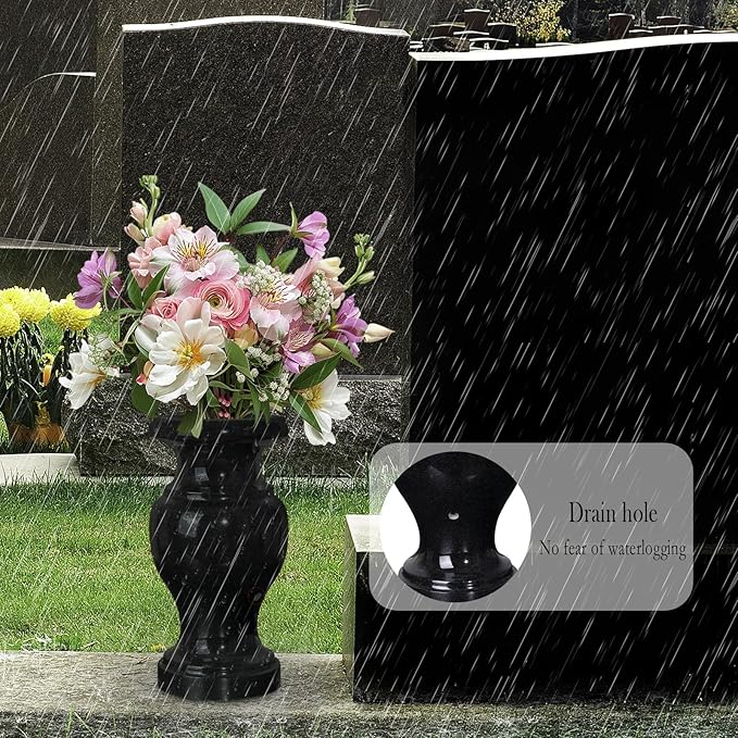 Cemetery Vase, Turned Granite Vase Polished, Black Memorial Stone Vases with Draining Holes for Home Tabletop, Cemetery Flowers, Grave Headstone Decorations (2Pcs, Black)