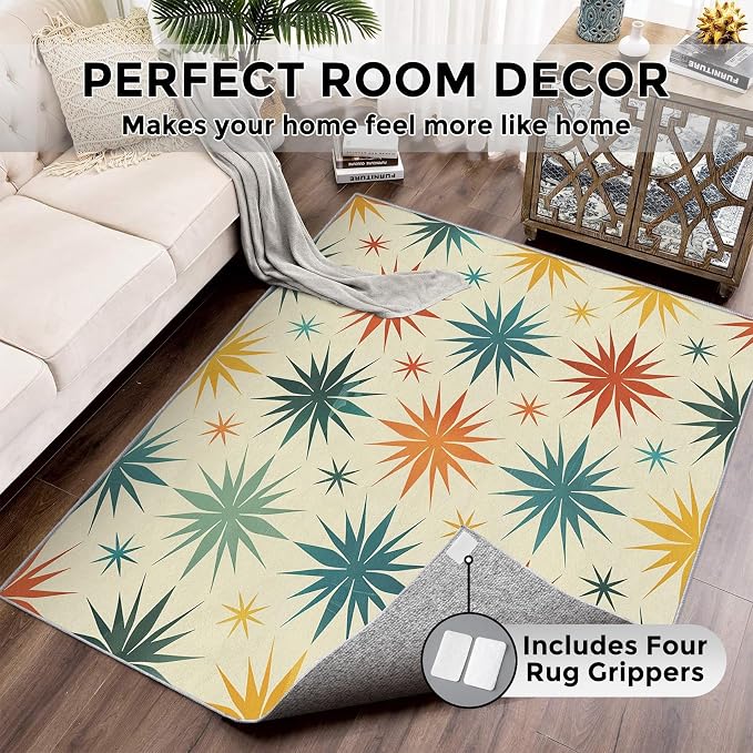 Retro Atomic Rugs for Living Room Decor, 4x6 ft, Mid Century Modern Area Rugs for Bedroom, Soft Non Slip Washable 50s Abstract Geometric Carpet Home Decorations D-g48