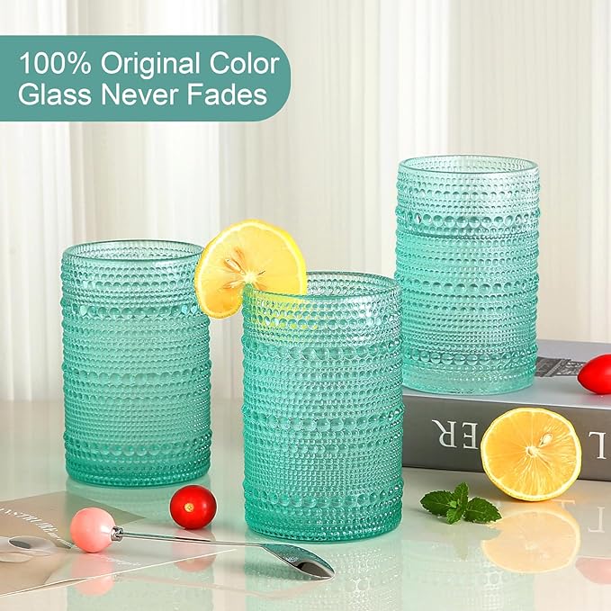 ZMOWIPDL Vintage Glassware Drinking Glasses Set of 6,15 oz Hobnail Glass Cups,Embossed Lake Blue Water Tumbler,for Beer,Cocktail,Whiskey,Juice and Various Mixed Drinks- 1 Cleaning Brush