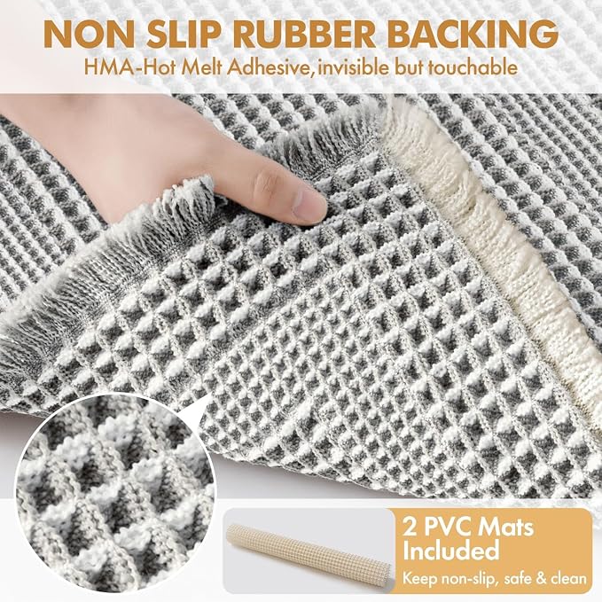 MIULEE Set of 2 Waffle Bathroom Rugs, Boho Bath Rug Super Absorbent, Non Slip Washable Ultra Soft Rubber Backed Shower Bath Mats for Floor, Tub, Looped Design, Lightgrey & Cream, 17"x24"+18"x30"