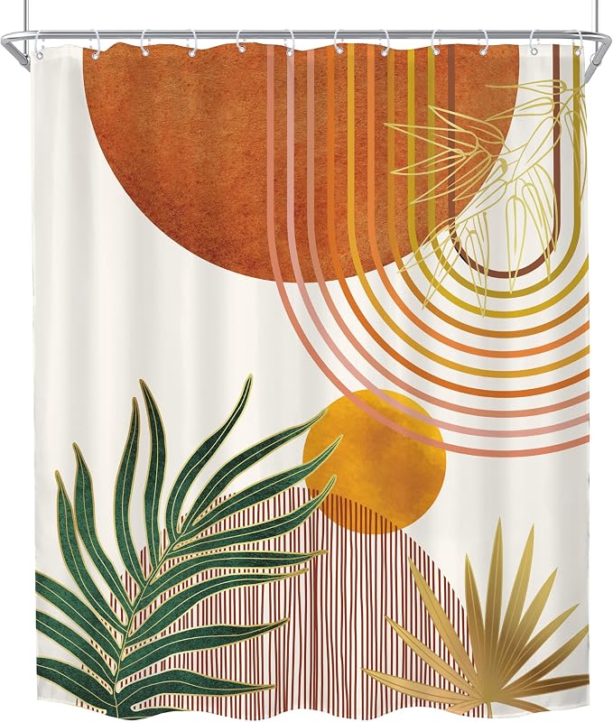 KOMLLEX Mid Century Orange Boho Shower Curtain for Bathroom Decor 72Wx84H Inches Abstract Retro Gold Minimalist Modern Arch Geometric Neutral Fabric Waterproof Polyester 12 Pack Hooks Pack Hooks
