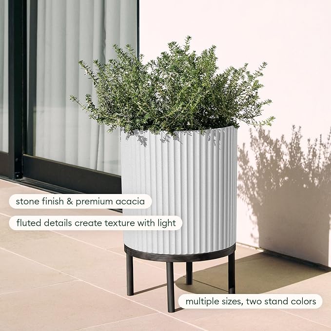 Veradek Demi Series Round Planter w/ Stand for Porch/Patio | Durable Plastic-Concrete & Wooden Stand | Modern Décor for Tall Plants, Flowers