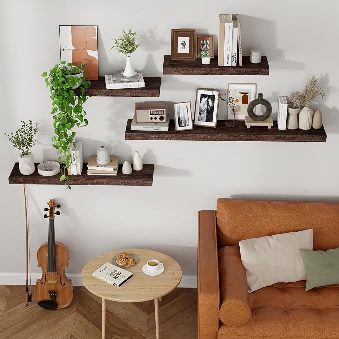 Axeman Floating Shelves, 8 Inch Deep Rustic Solid Wood Wall Shelves for Storage, Wall Mounted Display Shelving with Invisible Heavy-Duty Metal Bracket, 48" W x 8" D x 1.6" H, Rustic Brown