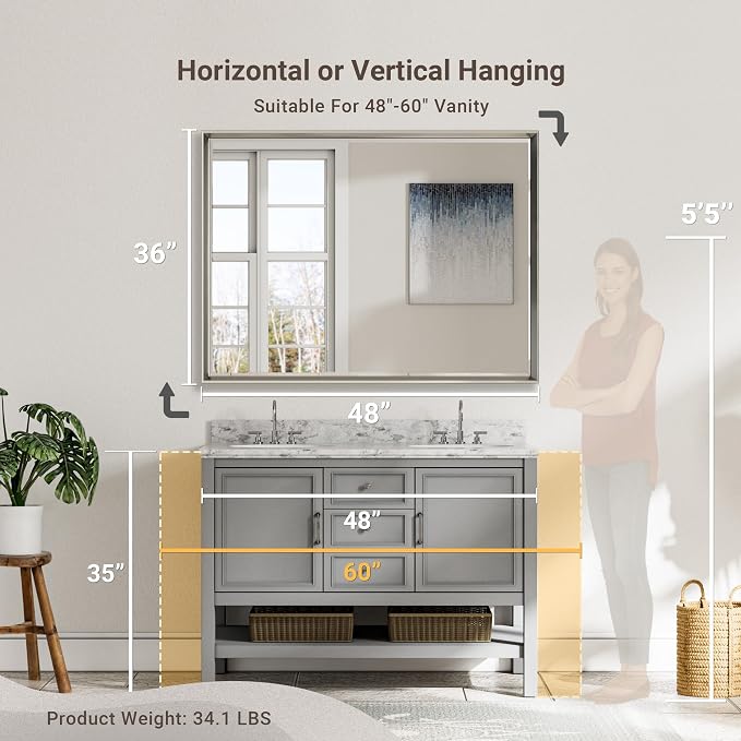 48'' x 36'' Brushed Nickel Framed Beveled Bathroom Mirror, Shatterproof Rectangle Brushed Nickel Frame Mirror, Anti-Rust Vertical/Horizontal Wall-Mounted Mirrors