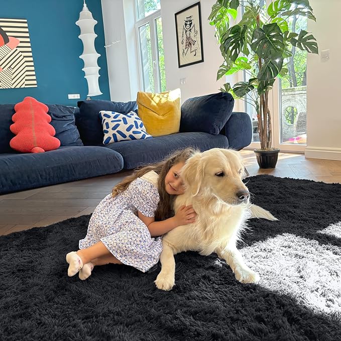 OLANLY 4x10 Area Rugs for Living Room Bedroom, Machine Washable Soft Fluffy Shaggy Bedside Rug, Indoor Floor Carpet for Kids Girls and Boys, Dorms, Nursery Rooms, Home Decor Aesthetic, Black