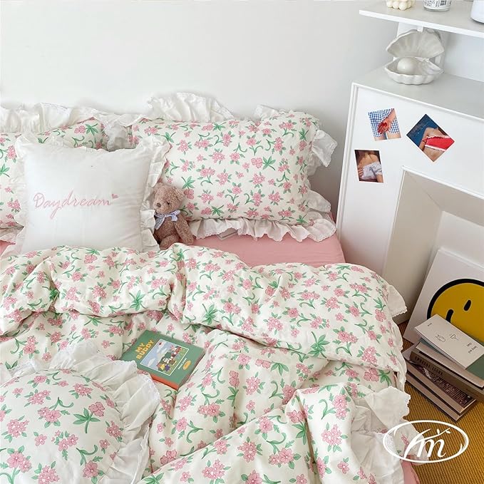 VM VOUGEMARKET White Ruffle Comforter Set Twin Pink Flower Bed Comforter with Ruffle Edge Romantic Princess Style Bedding Set(3pcs,Twin XL)