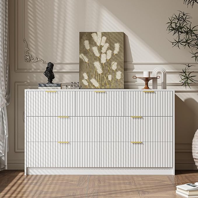 3-Piece Dresser Bedroom Set, 7 Drawer Dresser & 3 Drawer Nightstands with Gold Handles, Fluted Wood Chest of Drawers for Bedroom, Living Room, Entryway, White