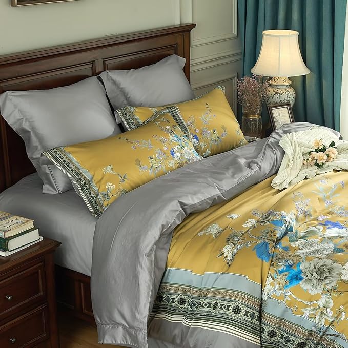 mixinni Queen Size Duvet Cover Set - 3PC Garden Style Long Staple Cotton Golden Floral Bedding, Chinoiserie Chic Botanical Print, Reversible Design, Zipper Closure, Soft & Breathable for Him & Her