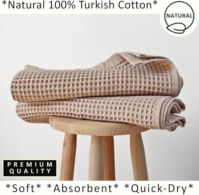 PÜSKÜL Natural 100% Turkish Cotton Waffle Bath Towels Set of 2-Piece | 32x63 inch Extra Large Absorbent Quick-Dry Lightweight Spa Towel | Luxury Sauna Accessories (Beige Bath Towels - Pack of 2)