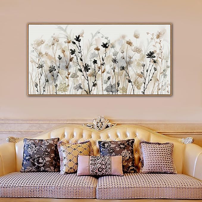 Framed Floral Wall Art Abstract Grey Cream White Grass Flowers Canvas Pictures Modern Landscape Painting Botanical Artwork for Living Room Bedroom Kitchen Office Wall Decor Ready to Hang 29"x58"