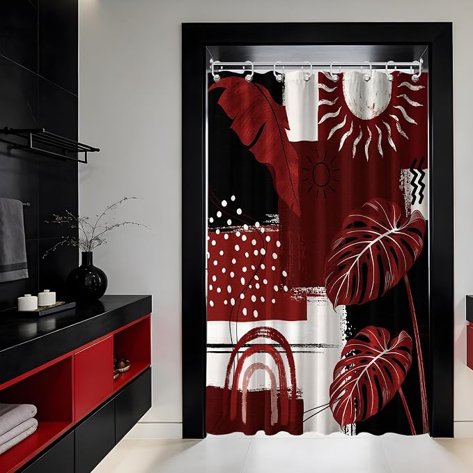 Small Stall Narrow Shower Curtain Black and Red Stand Up Burgundy Abstract Monstera Shower Curtains for Rv Camper Bathroom Decor Sets, Waterproof Cloth Fabric with Hooks, 36 x 72 Inch