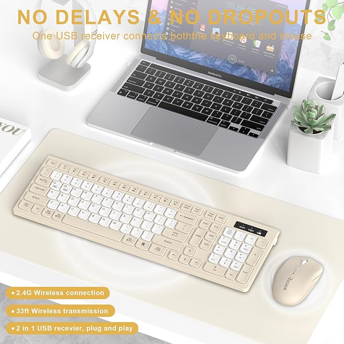 Silent Wireless Keyboard and Mouse Combo, Full-Sized Wireless Keyboard and Adjustable DPI Mouse, 2.4GHz USB Receiver, Keyboard and Mouse for PC, Windows, MAC, Desktop, Laptop(Latte-Color B)