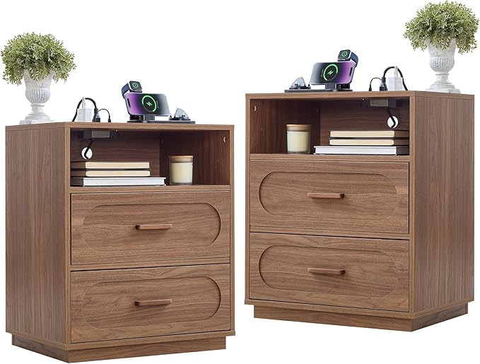 Walnut Night Stand Set of 2 with Charging Station, 25.8" Tall Wood End Table with 2 Storage Drawers and Open Shelf, Mid Century Modern Bedside Table for Bedroom, Living Room, Walnut