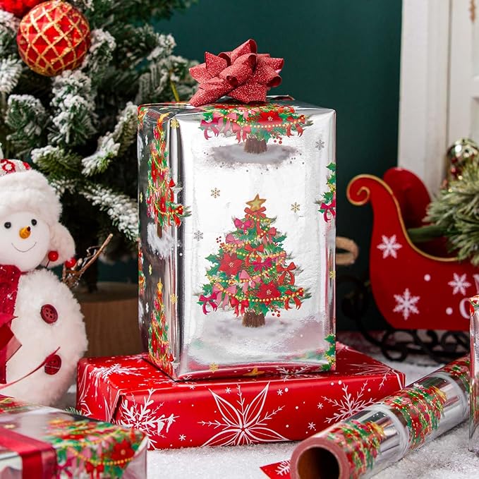 MAYPLUSS Christmas Wrapping Paper Roll - 17IN X 33FT - Silver Gift Wrapping Paper Featuring Christmas Tree Bow Reversible Snowflake for Kids, Holiday, New Year