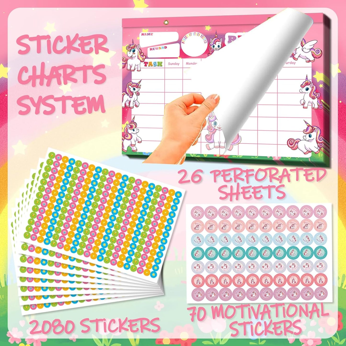 Skiennix Unicorn Magnetic Reward Chart for Kids - 26 Chore Charts & 2080 Star Stickers | Pink
