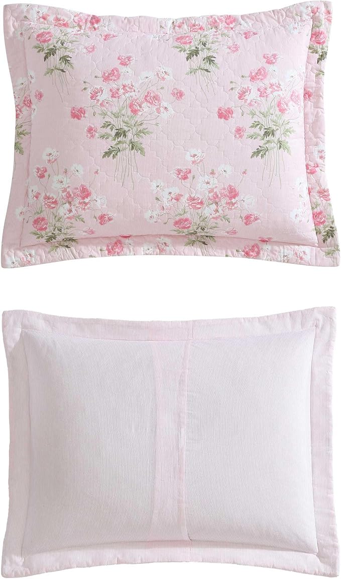 Laura Ashley - Queen Quilt Set, Reversible Premium Bedding with Matching Shams, Coquette Room Decor (Veronicas Bouquet Pink, Queen)
