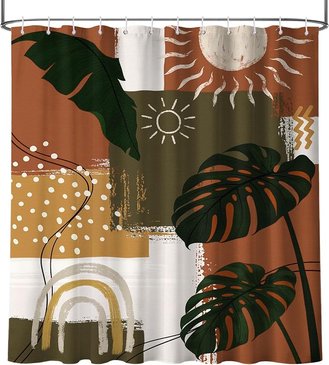Mid Century Modern Shower Curtain Boho Abstract Tropical Leaf Shower Curtains for Bathroom Decor Sets, Waterproof Cloth Fabric with Hooks, 70x72 Inch