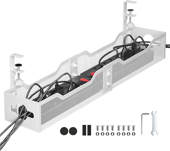 Under Desk Cable Management Tray 24.8", Quszmd Cable Organizer No Drill, Standing Cord Organizer and Wire Management Tray - No Damage to Desk, White