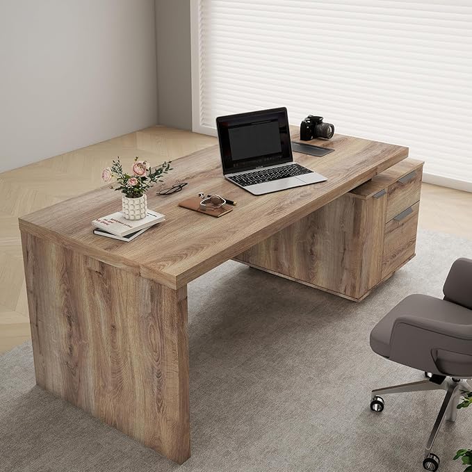 Modern Executive Desk, Rectangle Office Desk with Storage Cabinet, Width Adjustable Desks for Home Office, Business Desk Stand Under Table Storage Organizer, Mahogany