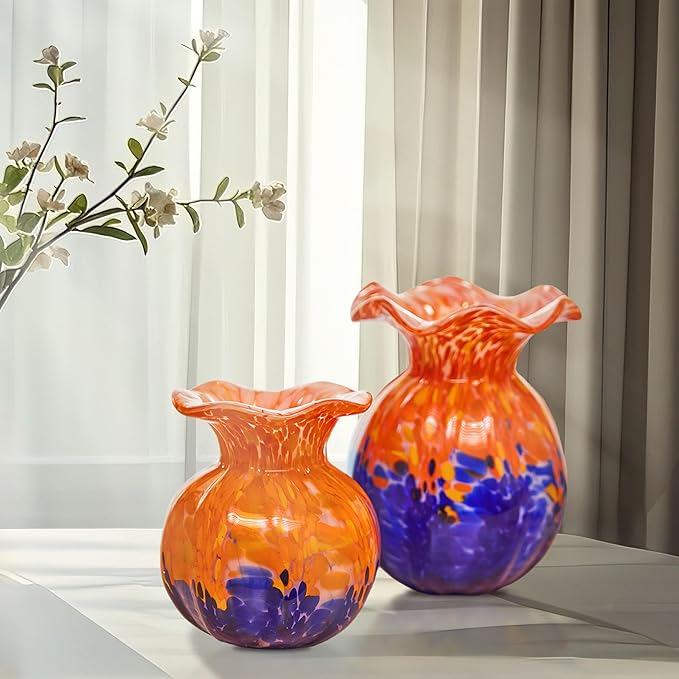 Luxury Lane Hand Blown Confetti Art Glass Bubble Bud Flower Vase for Home Decor 6 inch Tall Centerpiece Table Decoration
