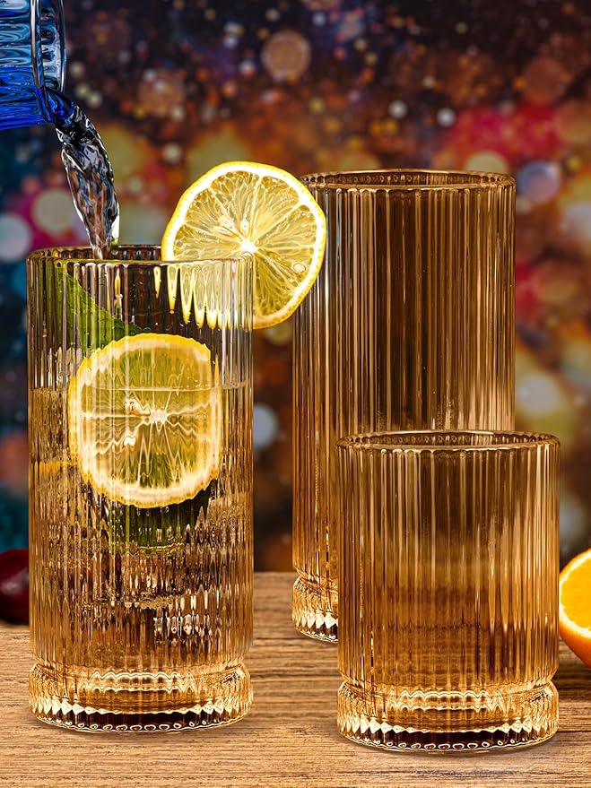 Ribbed Glassware Vintage Drinking Glasses 12Pcs Set （6 Highball Glasses 16Oz And 6 Rocks Glasses 13Oz） Amber Ribbed Glass Cups For Iced Coffee, Cocktails, Juice, Beer, Everyday Drinking