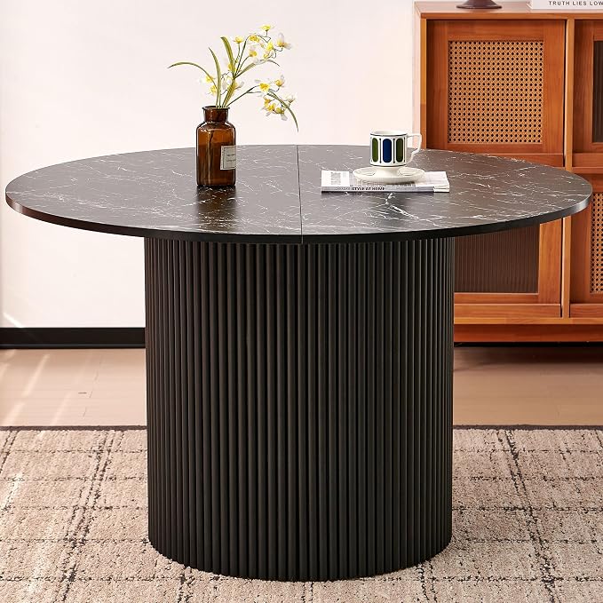 Homedot 47.24" Industrial Kitchen Dining Table Round for 4-6, Rustic Dining Table Circular with Two-Part Tabletop&MDF Pedestal Striped Base,Metal Frame Dinner Meeting Table, Black Marble Grain Look