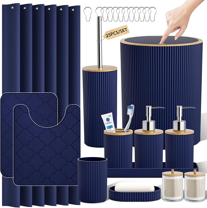 Navy Blue Bathroom Accessories Set 25 PCS, Bathroom Decor Set with Shower Curtain and Rugs, Trash Can, 2 Soap Dispensers, Toothbrush Holder, Tumbler, Soap Dish and Tray