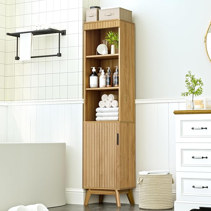 Bifins 68" Tall Bathroom Storage Cabinet,Narrow Fluted Tower Cabinet with Door and Shelves,Slim Space Saving Storage Unit for Bathroom Kitchen Living Room (Natural, 11.8" D x 15.75" W x 68" H)