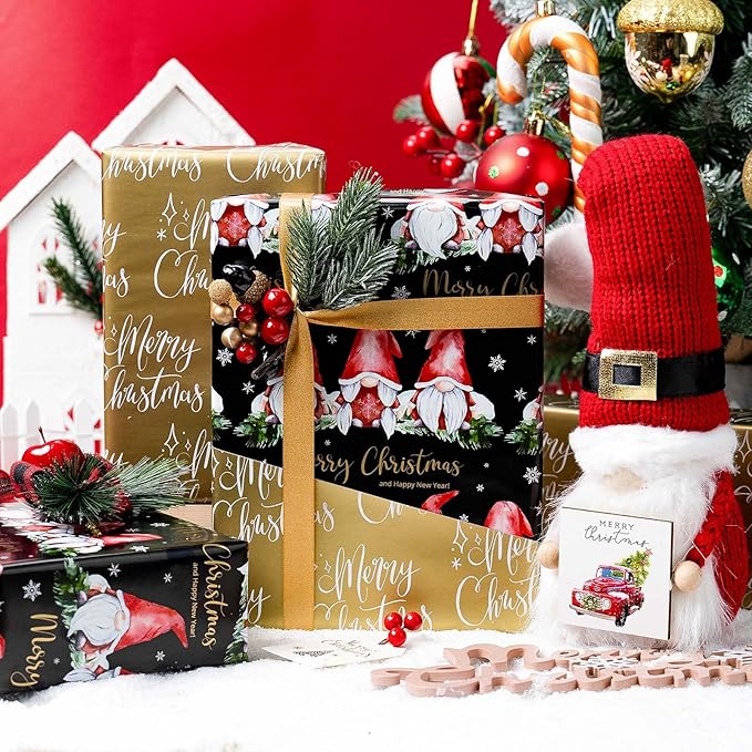 MAYPLUSS Christmas Wrapping Paper Roll - 17IN X 33FT - Gnome Gift Wrapping Paper Featuring white Snowflake Against black Reversible Merry Christams for Kids, Holiday, New Year