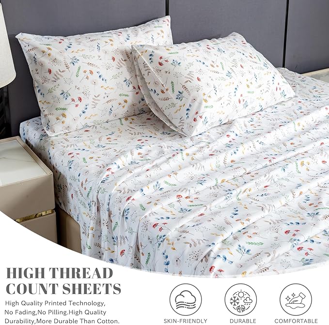 Bedlifes Queen Sheet Set Ultra Soft, Breathable, Silky Flower Deep Pocket 100% Microfiber Bedding, 4 Piece Queen Size White Floral