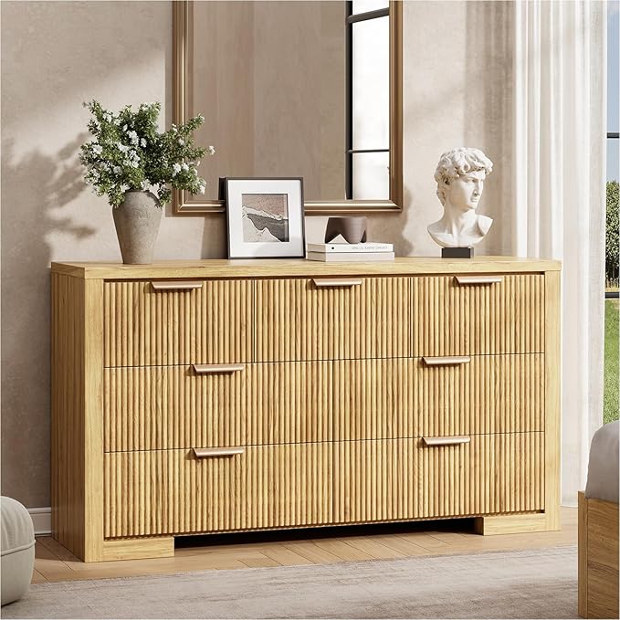 Fluted Dresser for Bedroom, 7 Drawer Dresser with Gold Handle, 54" Wide Chest of Drawers, Modern Wood Dressers Organizer for Bedroom, Liveroom, Entryway, Natural Oak