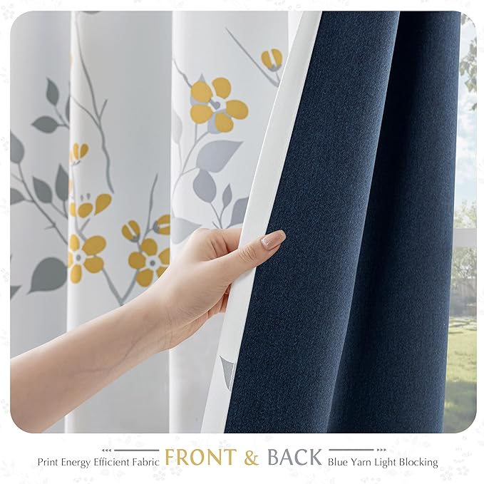 Beauoop Floral 100% Blackout Curtains 72 Inches Long 2 Panels for Bedroom Living Room Yellow Grey and White Flower Patterned Room Darkening Thermal Soundproof Grommet Window Treatments Drapes, 52X72