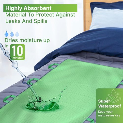 Skiennix Absorbent Bed Pads for Elderly - Washable Waterproof Incontinence Sheets 34"x52" | 8 Handles for Easy Mobility