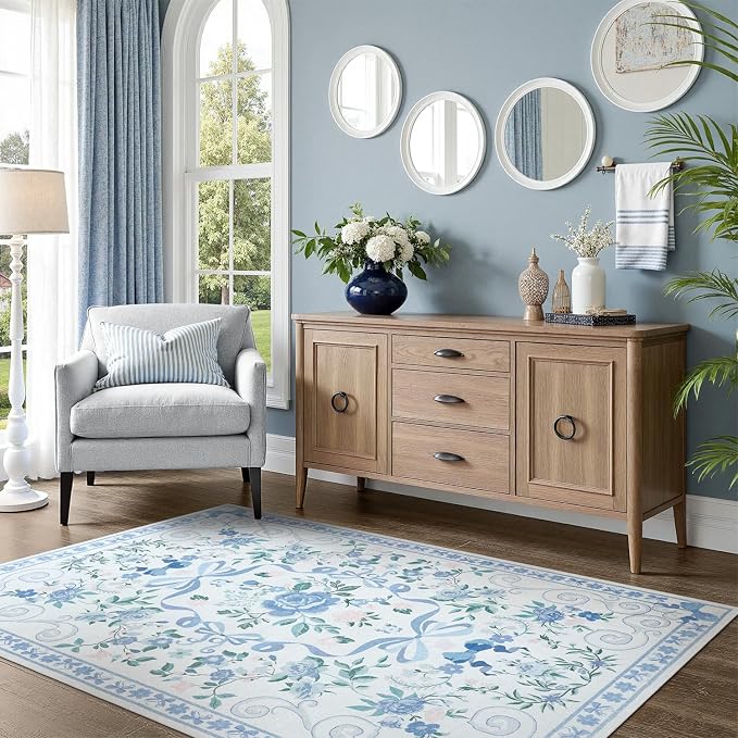 DCX Washable 4x6 Bow Rug, Blue Floral Rug for Girls’ Bedroom, Cute Soft Low Pile Indoor Décor Carpet, Kid & Pet Friendly Nursery Rug for Living Room, Dorm, Playroom