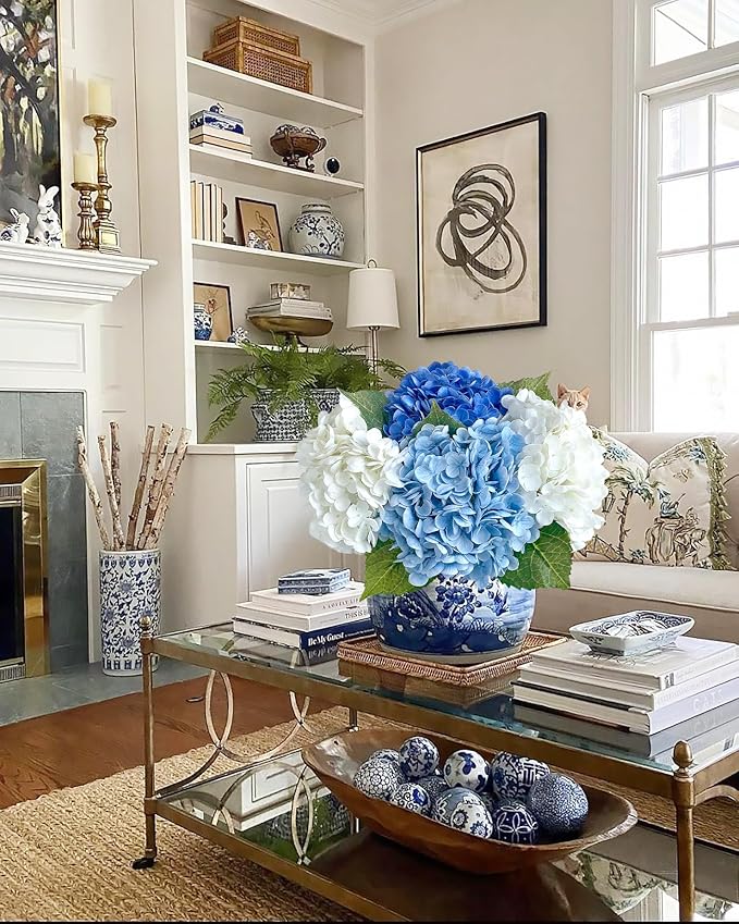 Blue/White Artificial Hydrangeas Silk Flowers, 4Pcs Large Latex Real Touch Lifelike Hydrangea Artificial Flowers,Faux Flowers Bouquet for Halloween Fall Wedding Outdoor Kitchen Table Home